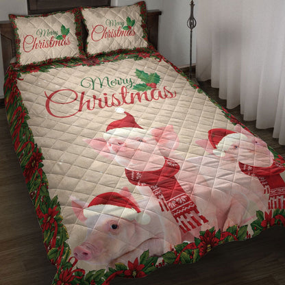 Pig Quilt Set, Merrymas Pig With Santa Hat Pig Quilt Blanket