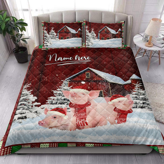 Pig Quilt Set, Pig With String Lightsmas Tree Snowdrift Quilt Blanket