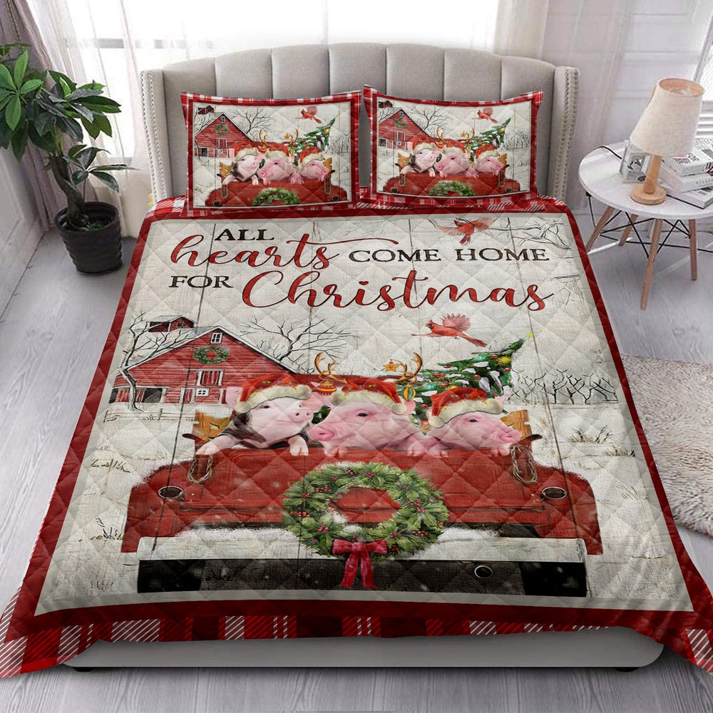 Pig Quilt Set, Pig With Truckmas Tree Snowflake Cozy Farmho Use Red Plaid Quilt Blanket