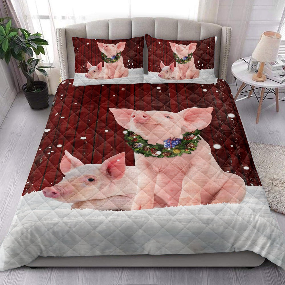 Pig Quilt Set, Pig With Wreathmas Farm Pig Quilt Blanket