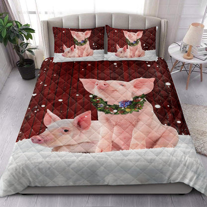 Pig Quilt Set, Pig With Wreathmas Farm Pig Quilt Blanket