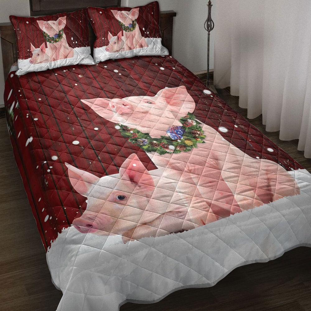 Pig Quilt Set, Pig With Wreathmas Farm Pig Quilt Blanket