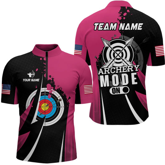 Pink Jersey Archery Mode On Men Quarter-Zip Shirts Custom Valentine Archery Sport Shirts , Archery Team Shirts, Custom Archery Shirts