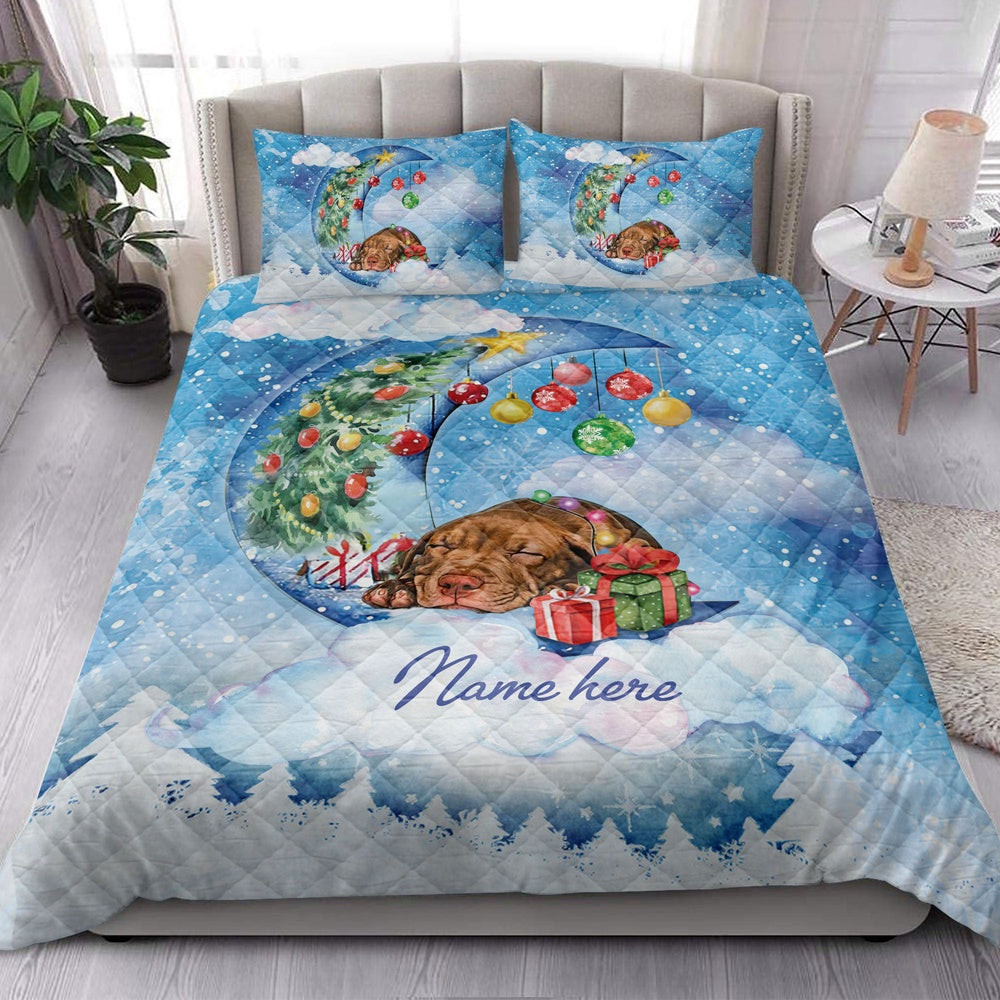 Pitbull Quilt Set, Pitbull Sleeping On The Moon Snowflakemas Tree Dog Quilt Blanket