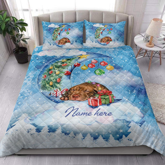 Pitbull Quilt Set, Pitbull Sleeping On The Moon Snowflakemas Tree Dog Quilt Blanket