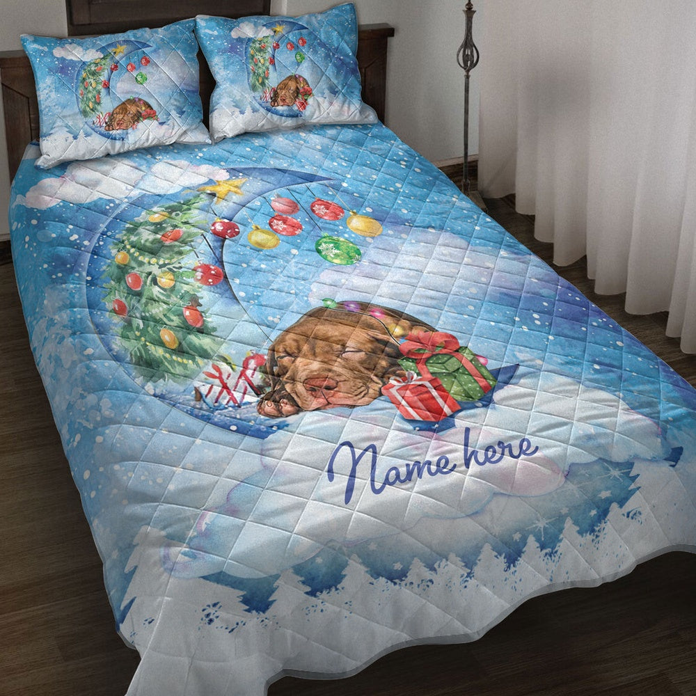 Pitbull Quilt Set, Pitbull Sleeping On The Moon Snowflakemas Tree Dog Quilt Blanket
