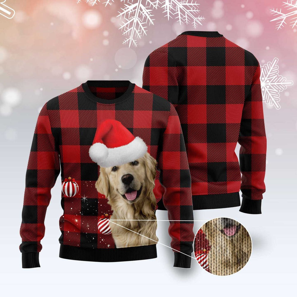 Plaid Pattern Golden Retriever Ugly Christmas Sweater, Funny Xmas Sweater, Sweater Xmas