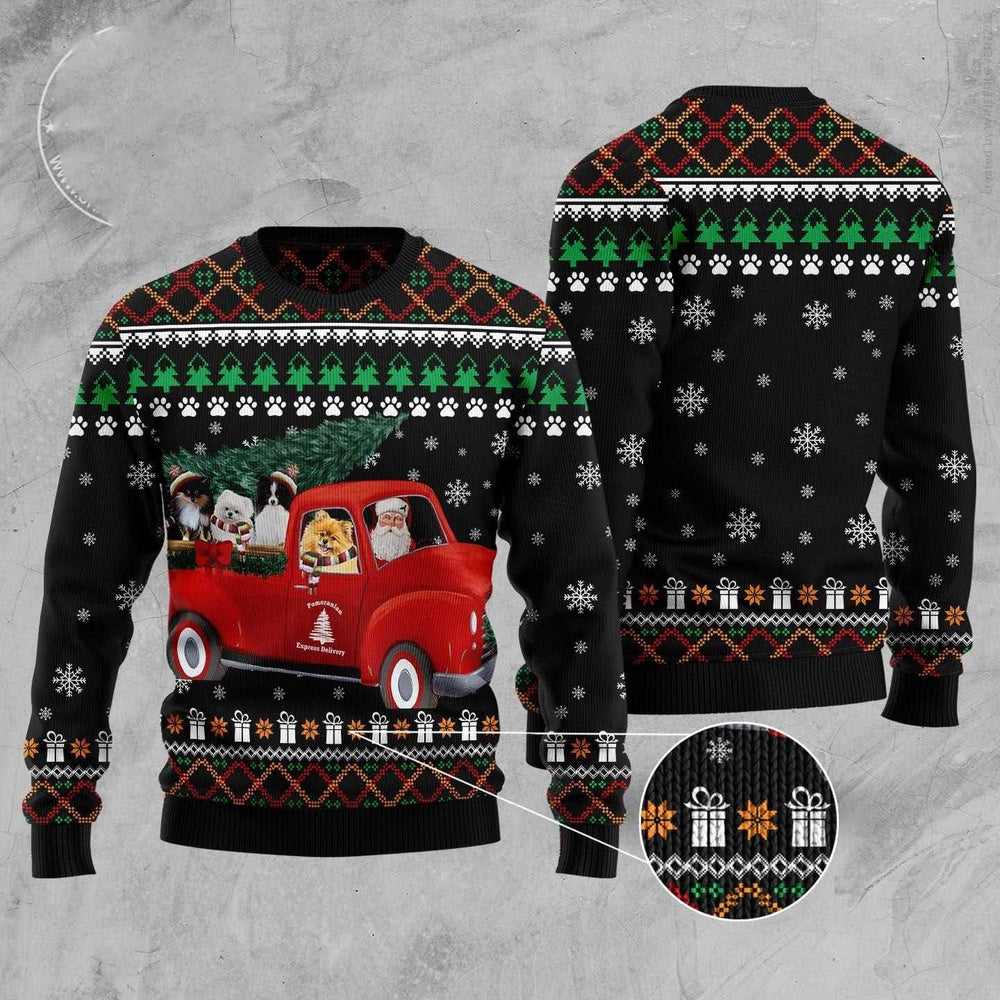 Pomeranian And Red Truck Ugly Christmas Sweater, Funny Xmas Sweater, Sweater Xmas