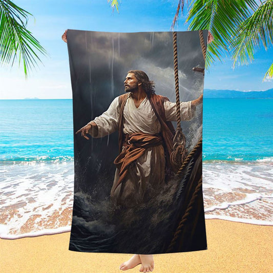 Power Jesus Christ Came To Rescue A Fishing Boat Beach Towel - Jesus Beach Towel - Christian Beach Towel Decor