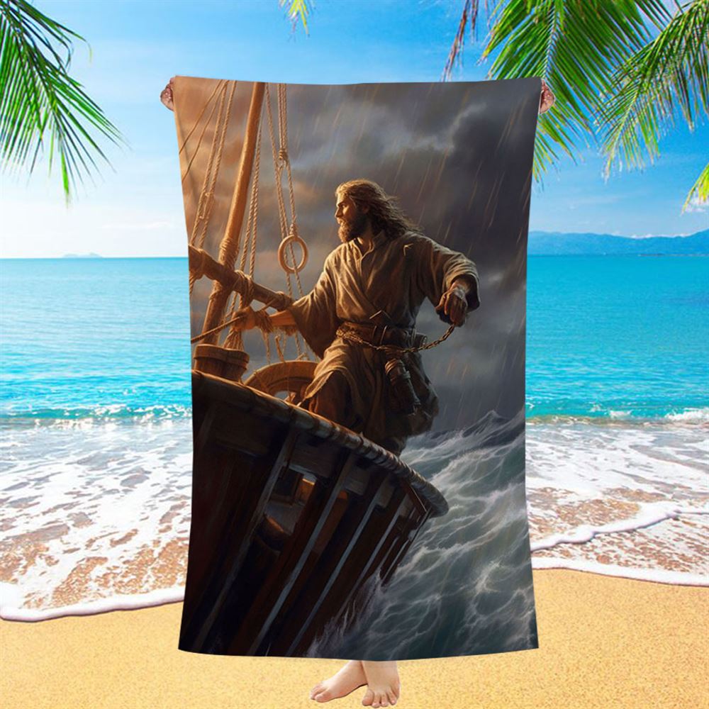 Power Jesus Christ Came To Rescue A Fishing Boat In A Storm Beach Towel - Jesus Beach Towel - Christian Beach Towel Decor