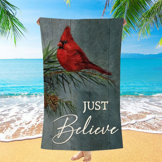 Pretty Cardinal Pine Cone Tree Just Believe Beach Towel, Christian Beach Towel, Christian Gift, Gift For Women