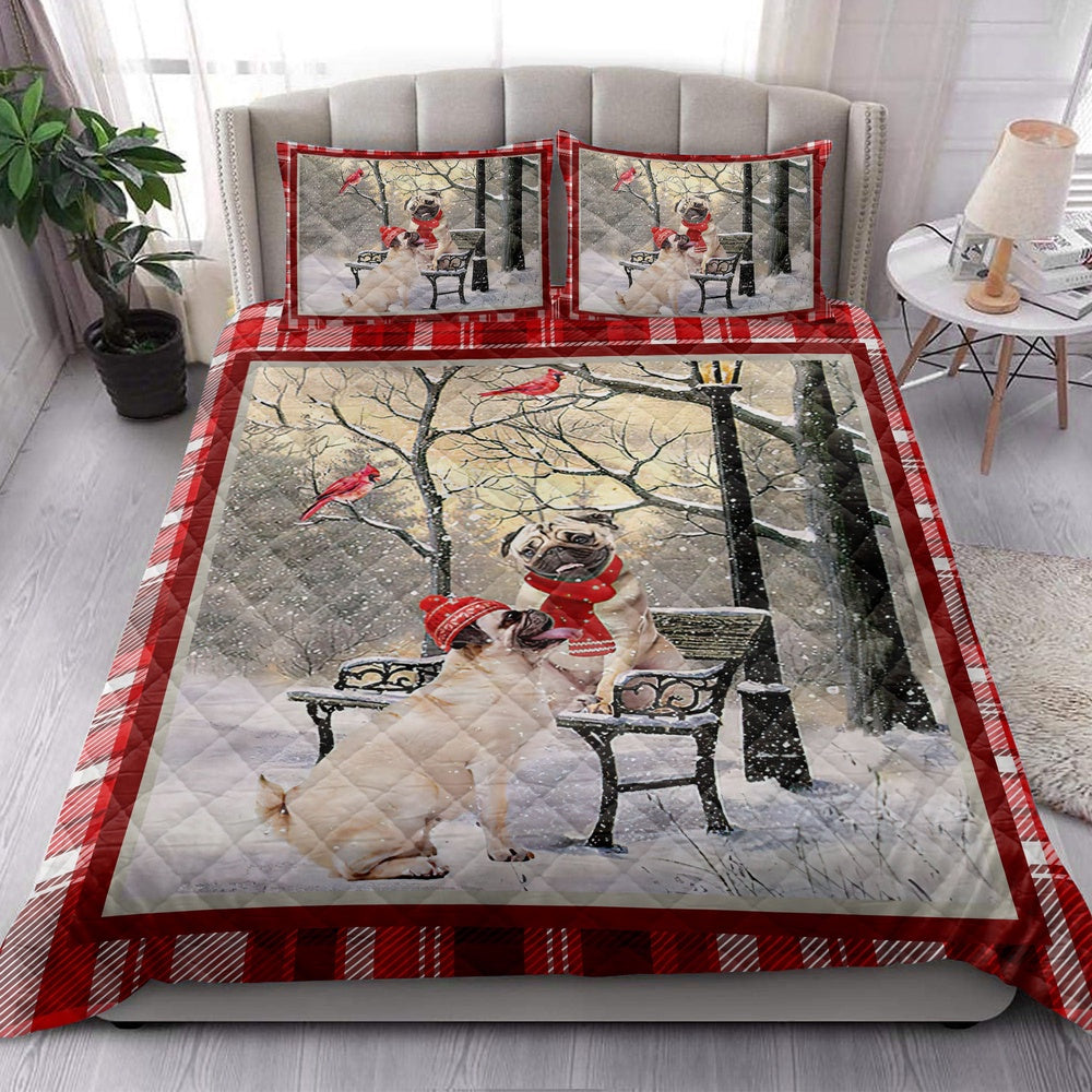 Pug Quilt Set, Pug Hellomas Snowflake Winter Park Cardinal Holiday Quilt Blanket