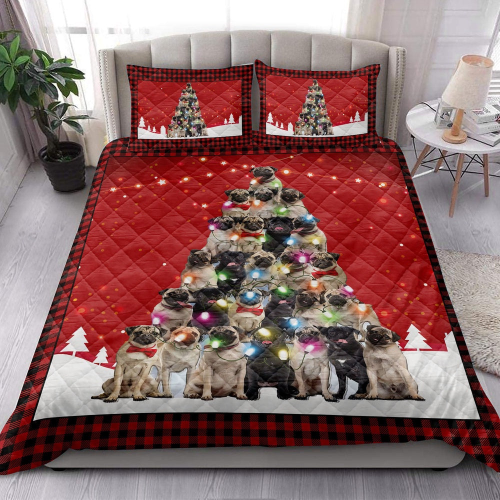 Pug Quilt Set, Pugmas Noel Xmas Tree Dog Quilt Blanket