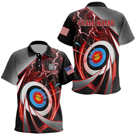 Red Archery Target Thunder Lightning Personalized Polo Shirts, Team League Archery Shirts, Archery Team Shirts, Custom Archery Shirts