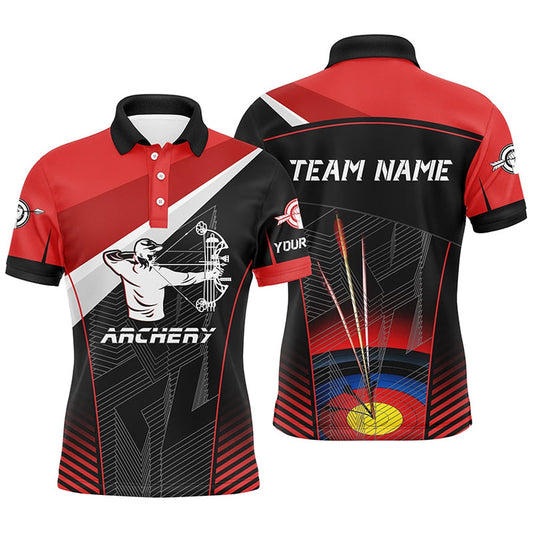 Red Black Archery Target Personalized Name Men Polo Shirts Custom Archery Jerseys For Team, Archery Team Shirts, Custom Archery Shirts