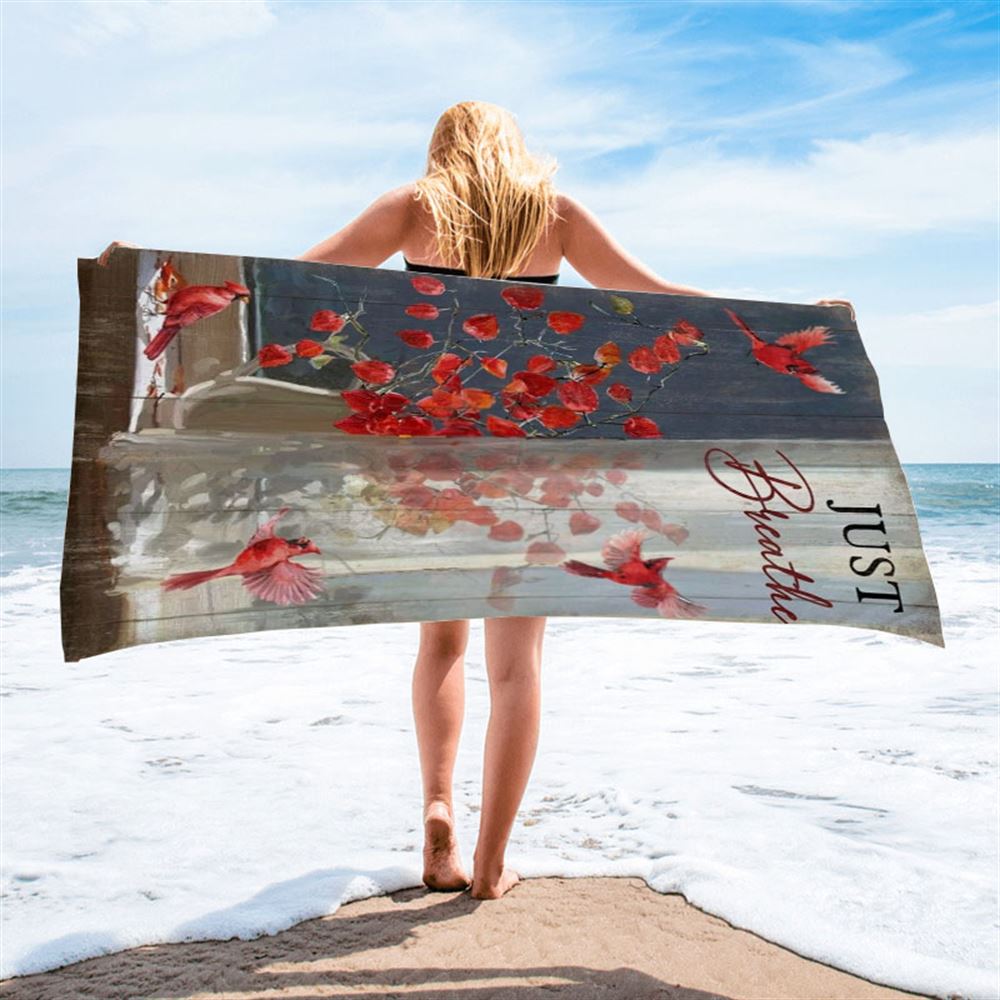 Red Cardinal Red Leaves Just Breathe Beach Towel, Christian Beach Towel, Christian Gift, Gift For Women