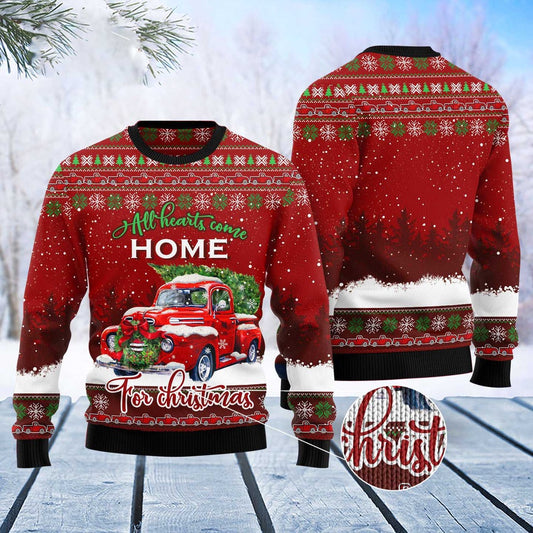Red Truck Home Christmas Ugly Christmas Sweater, Funny Xmas Sweater, Sweater Xmas
