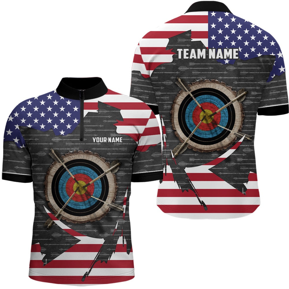 Retro Archery Target Custom US Flag Men Quarter-Zip Shirts, Patriotic Archery Jerseys, Archery Team Shirts, Custom Archery Shirts