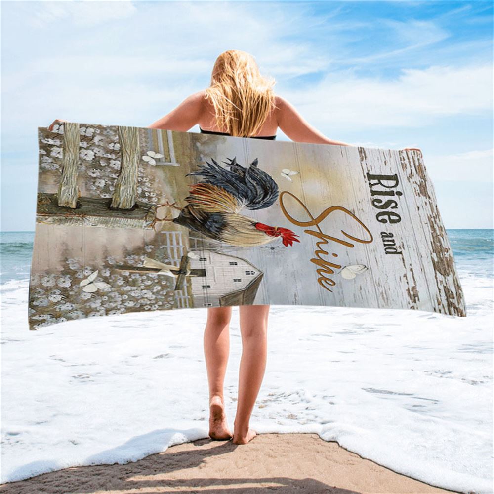 Rooster White Flower Field Sunset Rise And Shine Beach Towel - Christian Beach Towel - Bible Verse Beach Towel