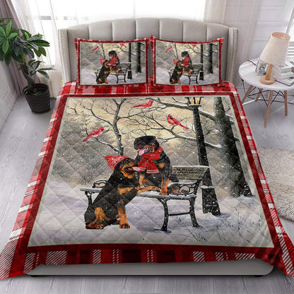 Rottweiler Quilt Set, Rottweiler Hellomas Snowflake Winter Park Cardinal Holiday Quilt Blanket