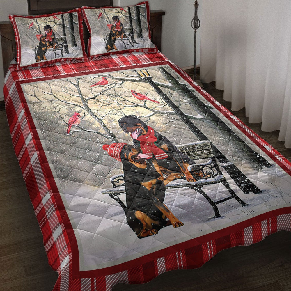 Rottweiler Quilt Set, Rottweiler Hellomas Snowflake Winter Park Cardinal Holiday Quilt Blanket