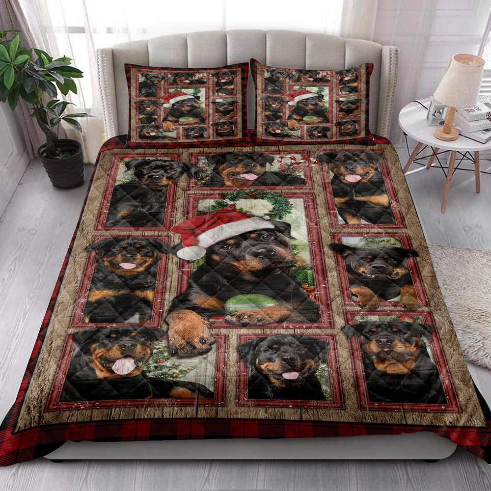 Rottweiler Quilt Set, Rottweilermas With Santa Hat Patchwork Window Red Quilt Blanket