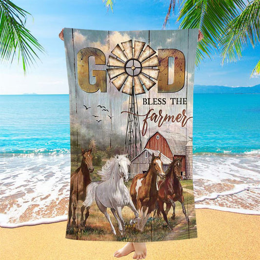 Running Horses God Bless The Farmer Beach Towel - Inspirational Beach Towel - Christian Beach Towel