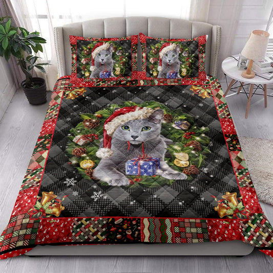 Russian Blue Quilt Set, R Ussian Blue Wearingmas Hat Wreath Cat Quilt Blanket
