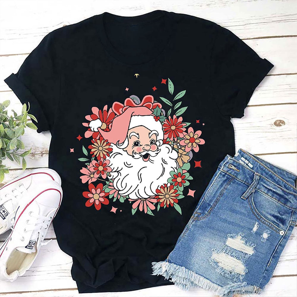 Santa Claus Flower T Shirt, Merry T Shirt, Unisex Christmas Shirts
