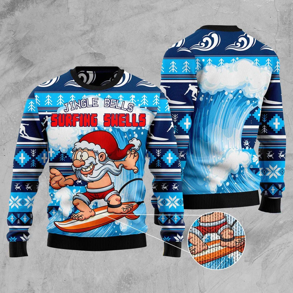 Santa Claus Jingle Bells Surfing Swells Ugly Christmas Sweater, Funny Xmas Sweater, Sweater Xmas