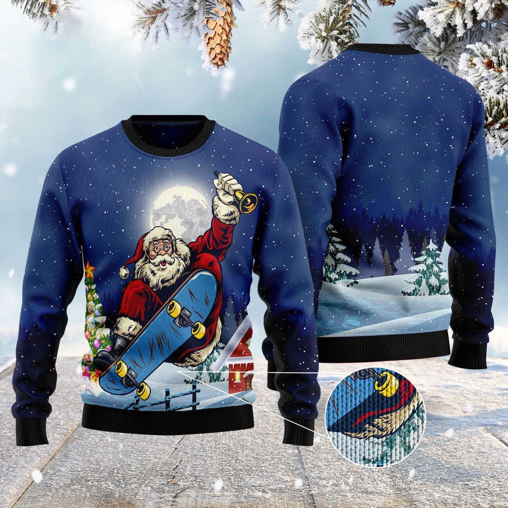 Santa Claus Playing Skateboard Ugly Christmas Sweater, Funny Xmas Sweater, Sweater Xmas