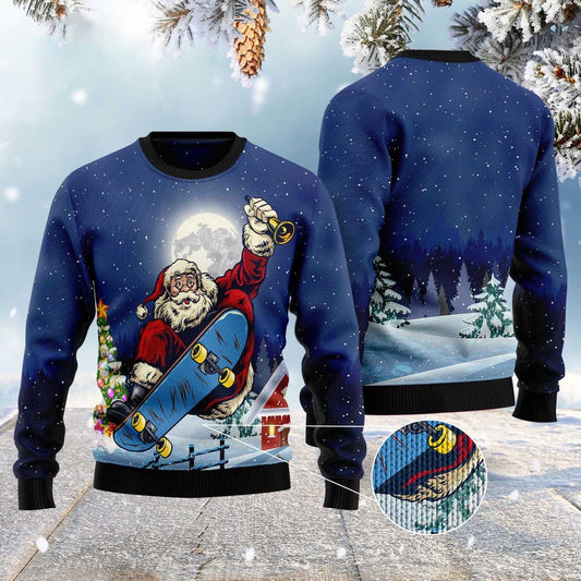 Santa Claus Playing Skateboard Ugly Christmas Sweater, Funny Xmas Sweater, Sweater Xmas