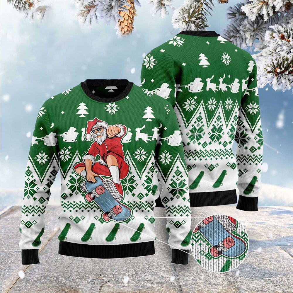 Santa Claus Skateboarding Ugly Christmas Sweater, Funny Xmas Sweater, Sweater Xmas