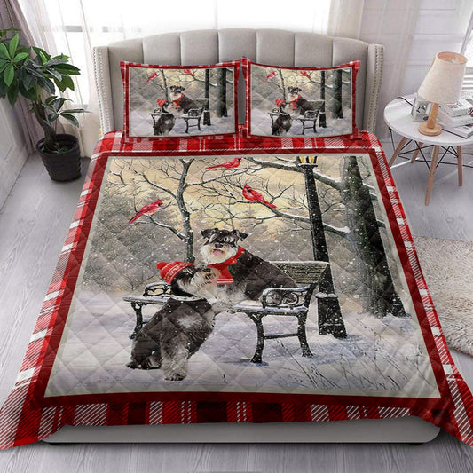 Schnauzer Quilt Set, Schnauzer Hellomas Snowflake Winter Park Cardinal Holiday Quilt Blanket