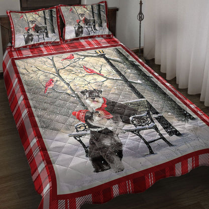 Schnauzer Quilt Set, Schnauzer Hellomas Snowflake Winter Park Cardinal Holiday Quilt Blanket