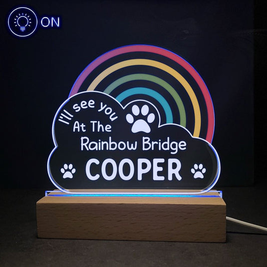 See You At The Rainbow Bridge, Personalized Night Light Wooden Base, Memorial Gift For Pet Lovers, Mother's Day Led Light, Mom Gift