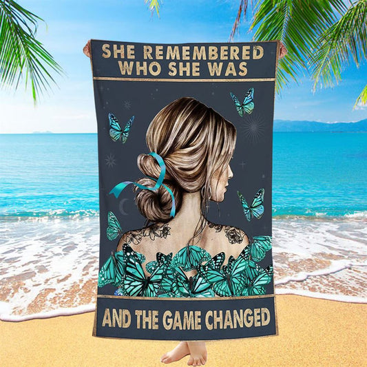 She Remembered Who She Was And The Game Changed Beach Towel - Gifts For Women, Teen Girls - Motivational Beach Towel - Light Blue Boho Decoration