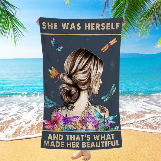 She Was Herself Beach Towel - Encouragement Gifts For Women, Teens, Girls - Dragonfly Boho Decor - Hippie Bohemian Decor