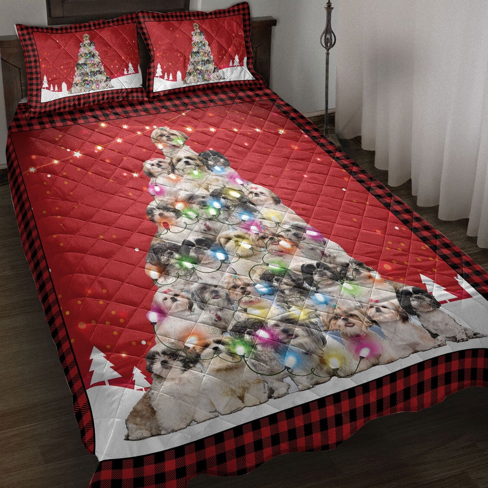 Shih Tzu Quilt Set, Shih Tzumas Noel Xmas Tree Dog Quilt Blanket