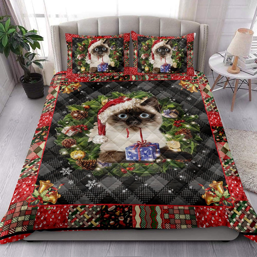 Siamese Quilt Set, Siamese Cat Wearingmas Hat Wreath Cat Quilt Blanket