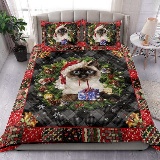 Siamese Quilt Set, Siamese Cat Wearingmas Hat Wreath Cat Quilt Blanket