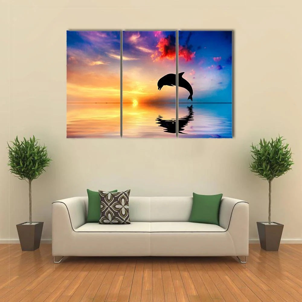 Silhouette Of Jumping Dolphin Canvas Wall Art Decor