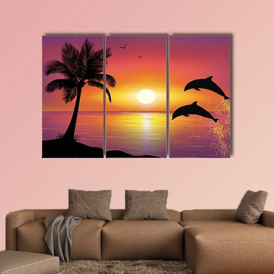Silhouette Of Two Dolphins Jumping Out Of Water Canvas Wall Art Decor