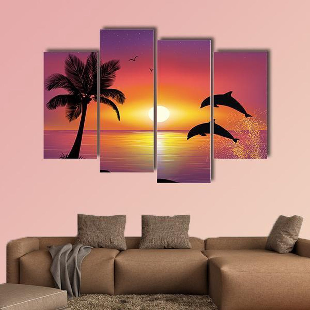 Silhouette Of Two Dolphins Jumping Out Of Water Canvas Wall Art Decor