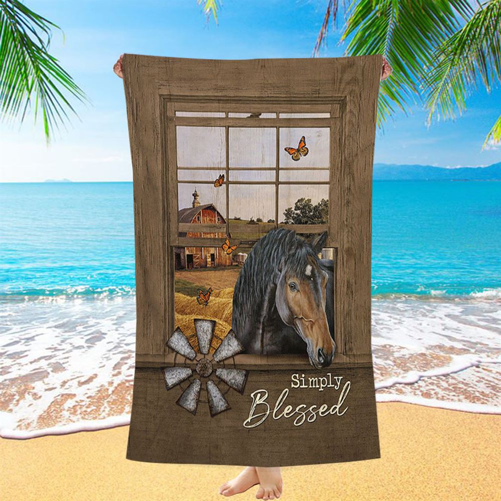Simply Blessed Black Horse Windmill - Beach Towel - Bible Verse Beach Towel - Inspirational Art - Christian Beach Towel