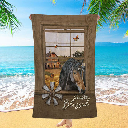 Simply Blessed Black Horse Windmill - Beach Towel - Bible Verse Beach Towel - Inspirational Art - Christian Beach Towel