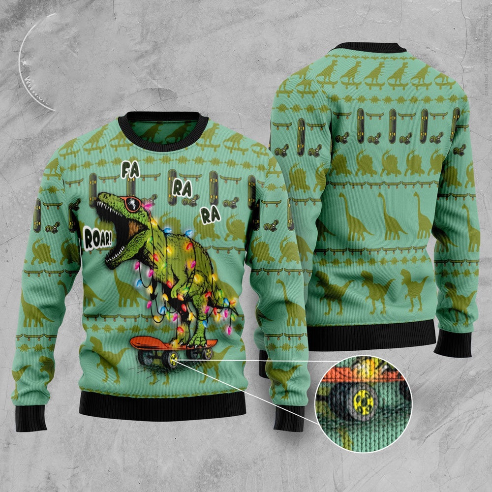 Skateboard Dinosaur Ugly Christmas Sweater, Funny Xmas Sweater, Sweater Xmas