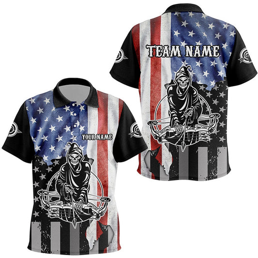 Skeleton Playing Archery Custom US Flag Polo Shirts, Unique Archery Shirts For Archers, Archery Team Shirts, Custom Archery Shirts