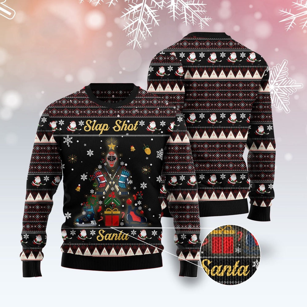 Slap Shot Santa Christmas Ugly Christmas Sweater, Funny Xmas Sweater, Sweater Xmas