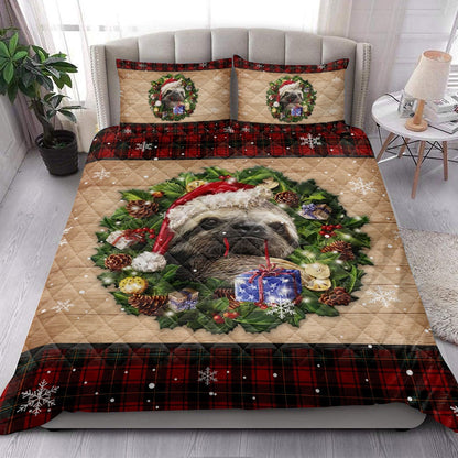 Sloth Quilt Set, Sloth Wearing Wreath Amas Hat Boxes Red Buffalo Plaid Quilt Blanket